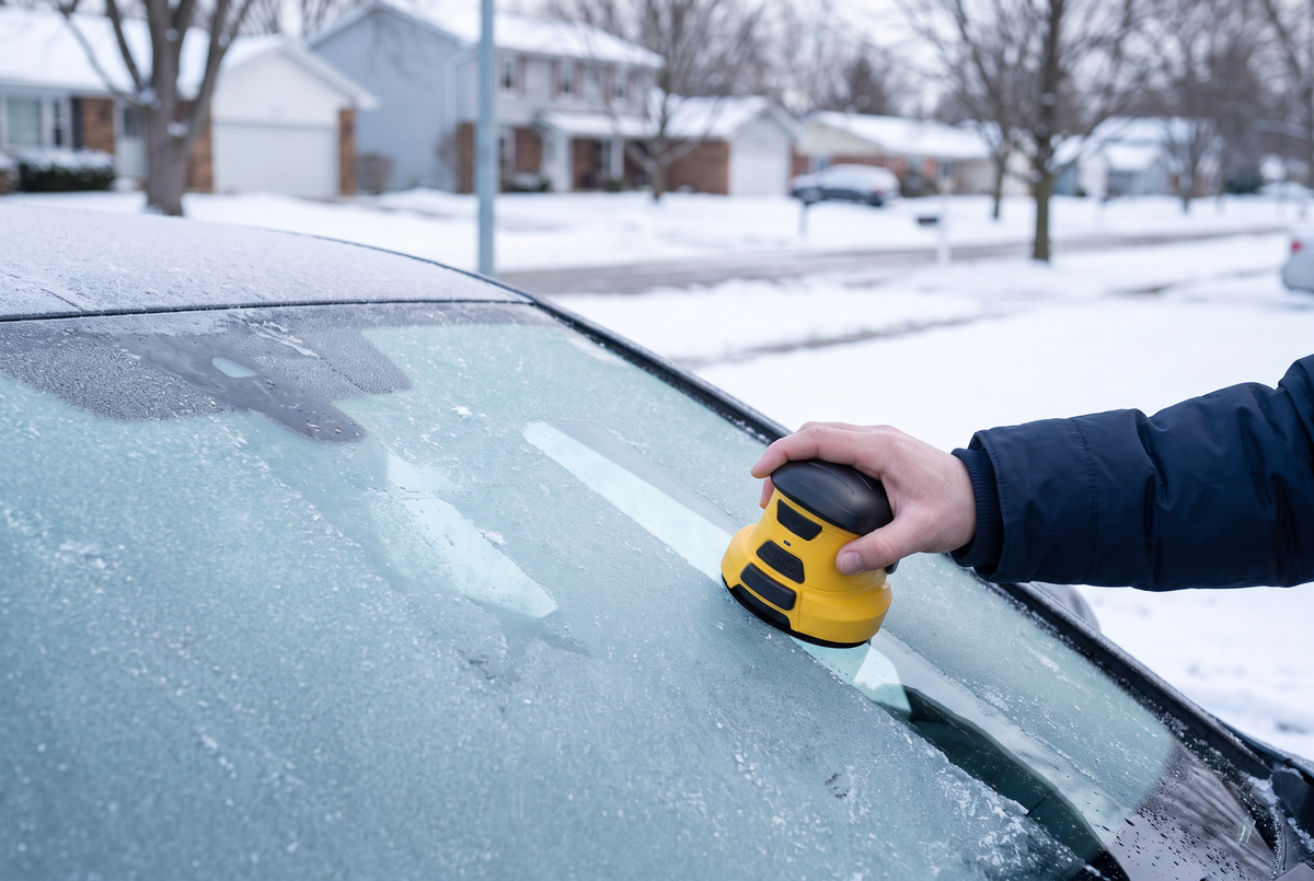 FrostSwipe used at a parked car on a snowy morning