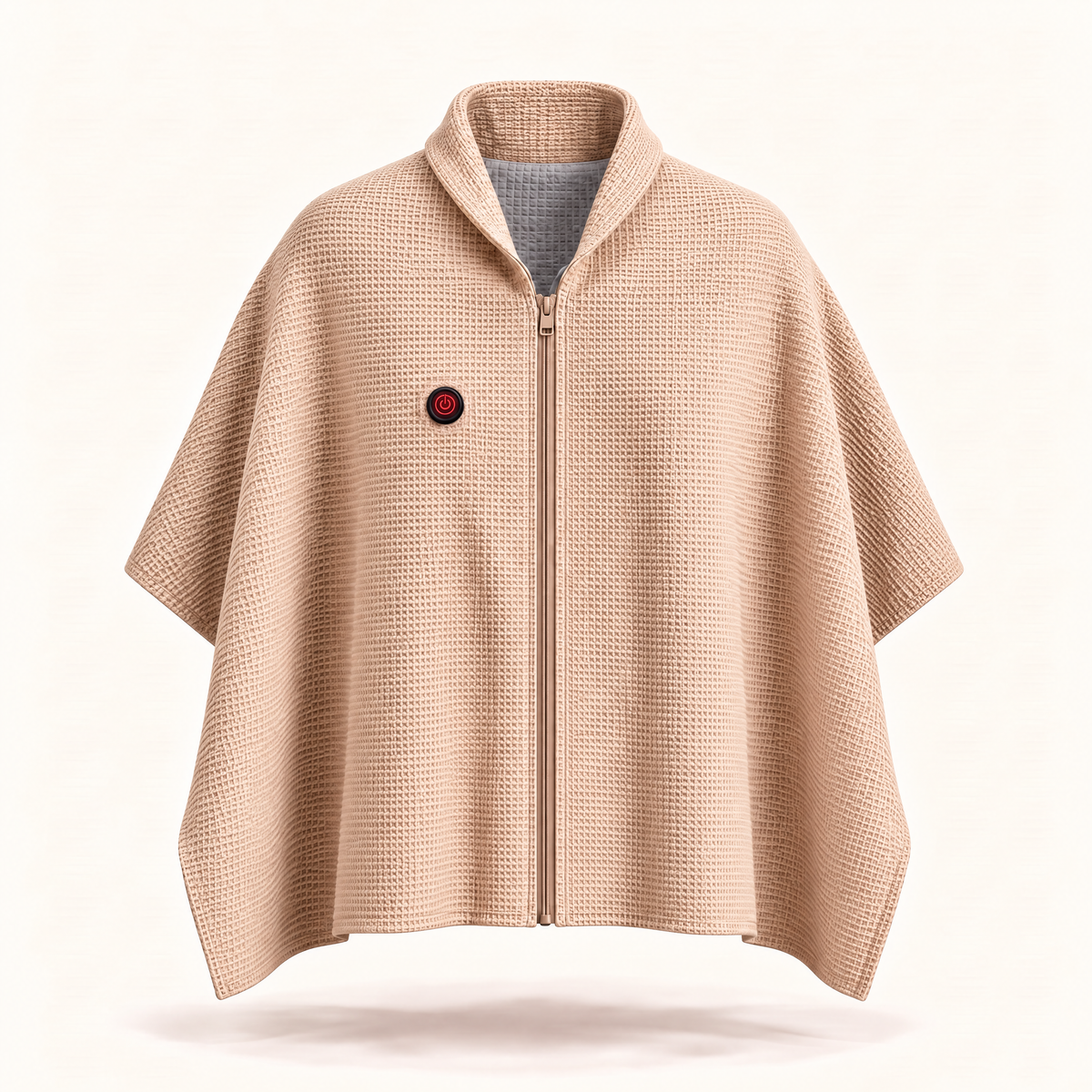 CozyCovers Apricot waffle-knit shoulder cape with front zip, textured grey lining and upright red power control