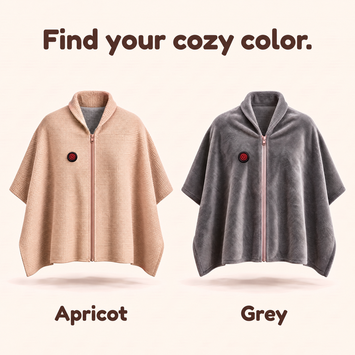 Apricot waffle-knit and Grey short-plush CozyCovers capes with matching upright red power controls