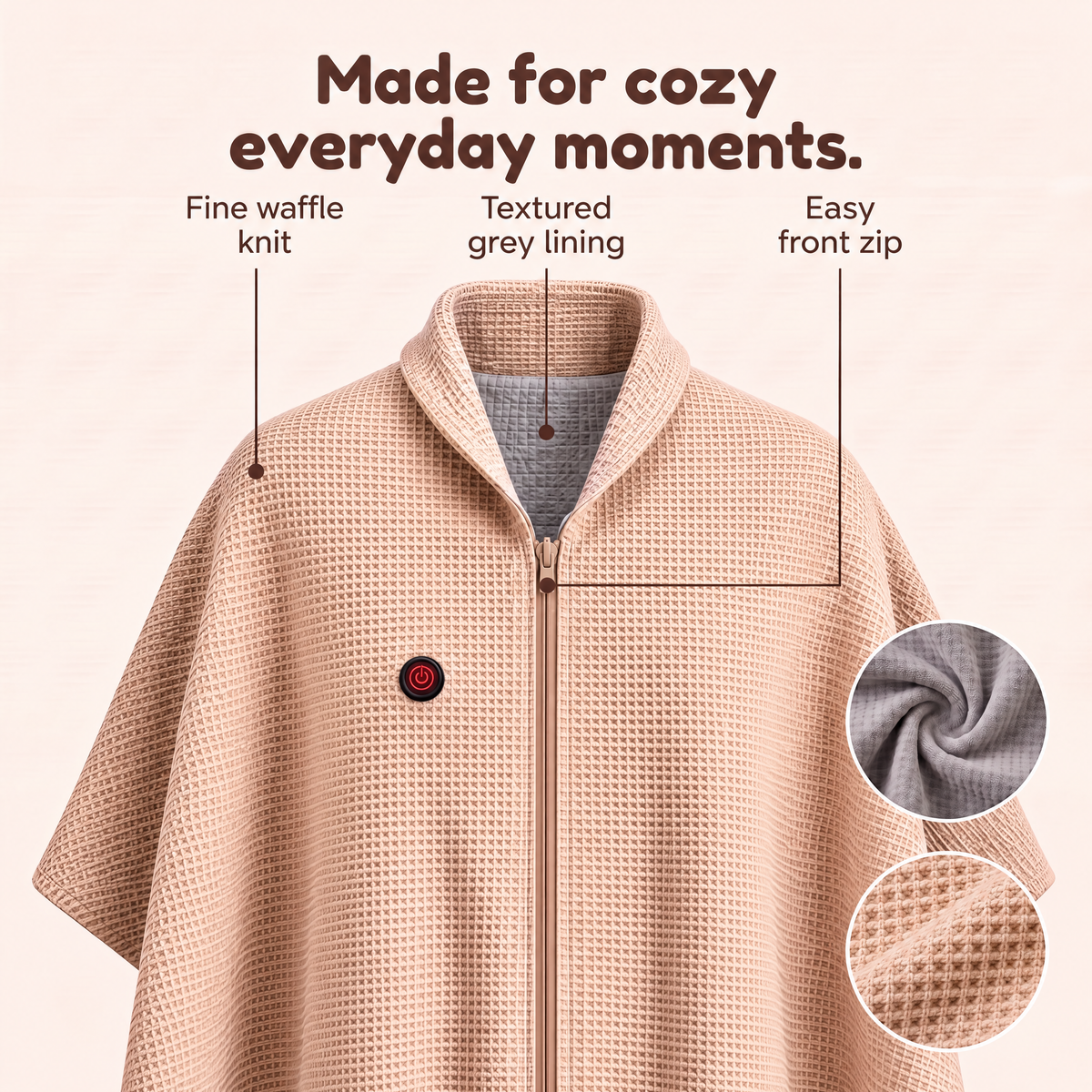 Apricot waffle-knit CozyCovers cape with fine grey lining, front zipper and upright red power control