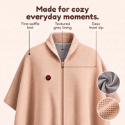 Apricot waffle-knit CozyCovers cape with fine grey lining, front zipper and upright red power control