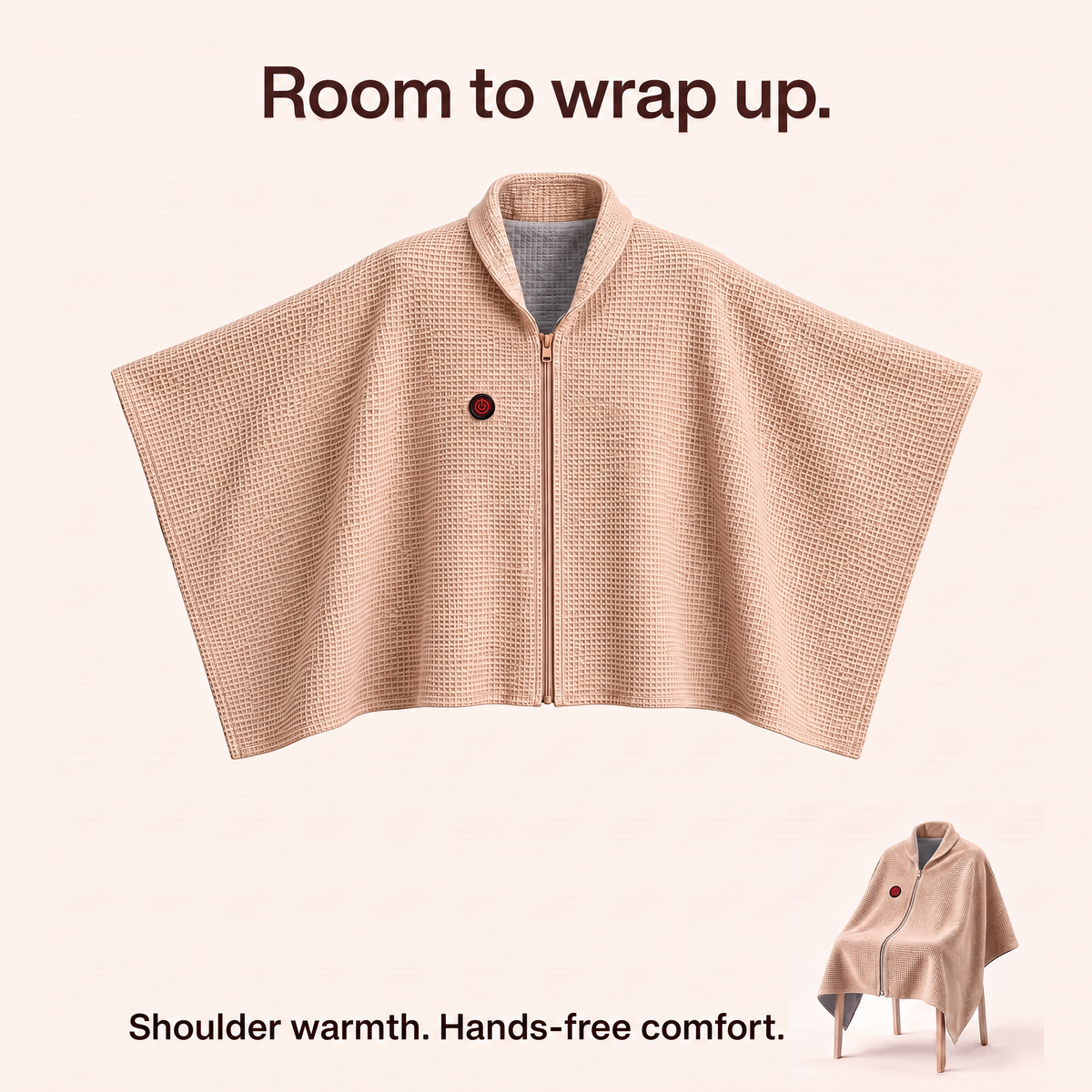 Apricot waffle-knit shoulder cape coverage and chair drape with open sides and upright red power control