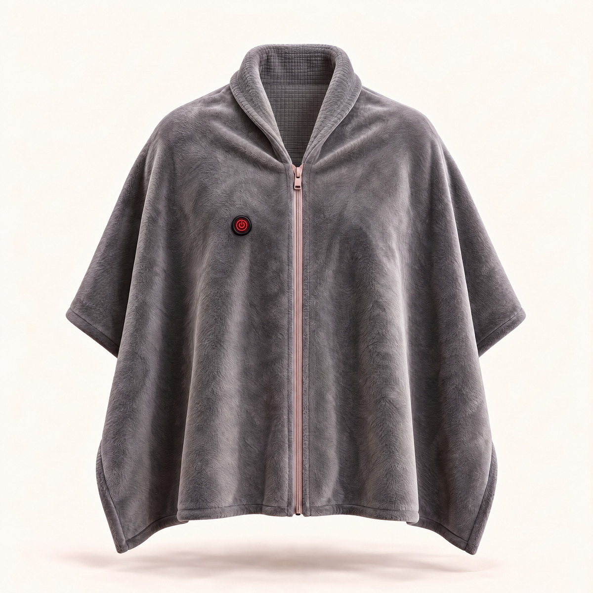 CozyCovers Grey short-plush shoulder cape with center front zip and upright red power icon with outer red ring