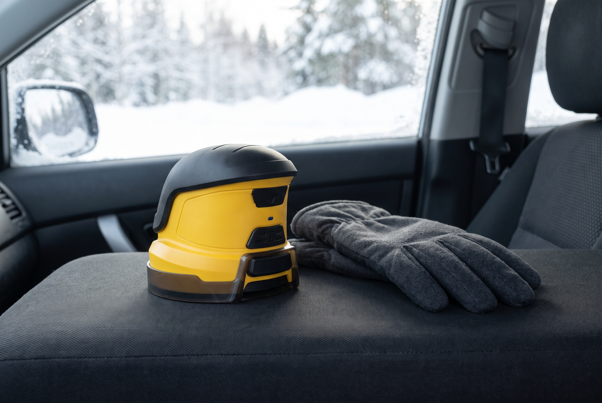 FrostSwipe with its protective cover attached beside winter gloves on a car seat